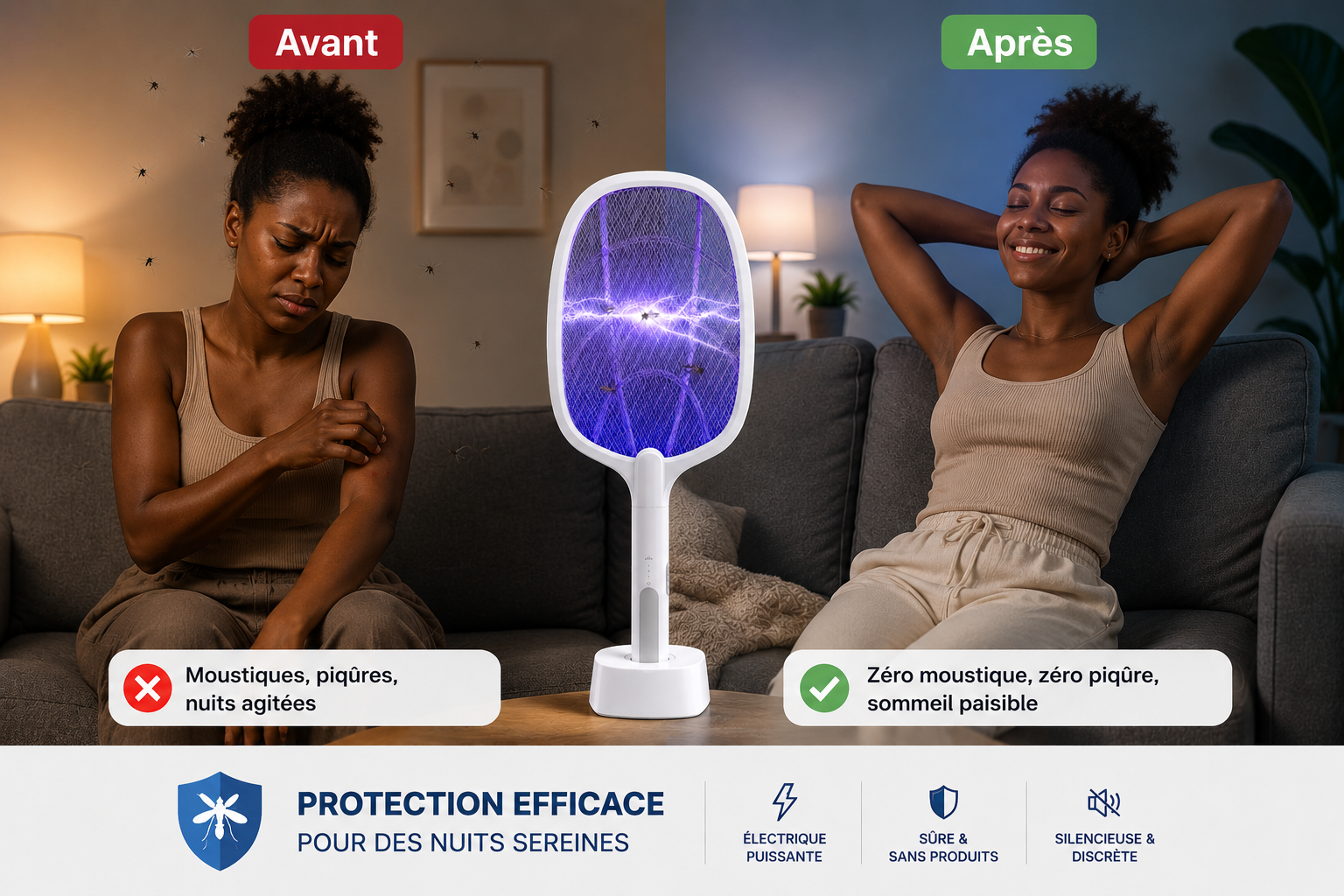 Raquette Électrique Anti-Moustiques 2-en-1