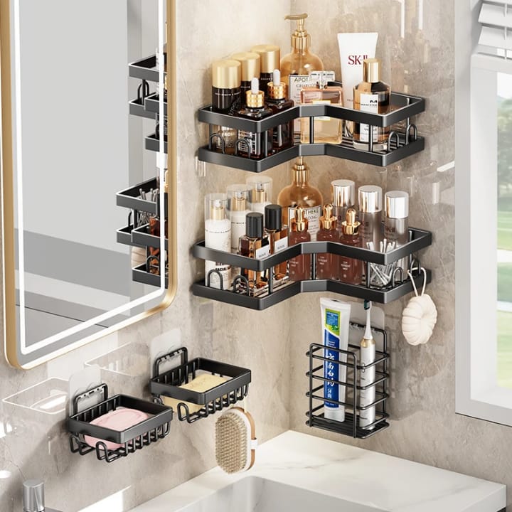 Étagère d'Angle Murale Premium 5 en 1 – Organisez Votre Salle de Bain Sans Percer